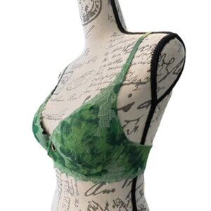 Aerie Green Lace Gold Push Up Plunge Bra Size 32B Holiday Comfy Floral Pretty‎